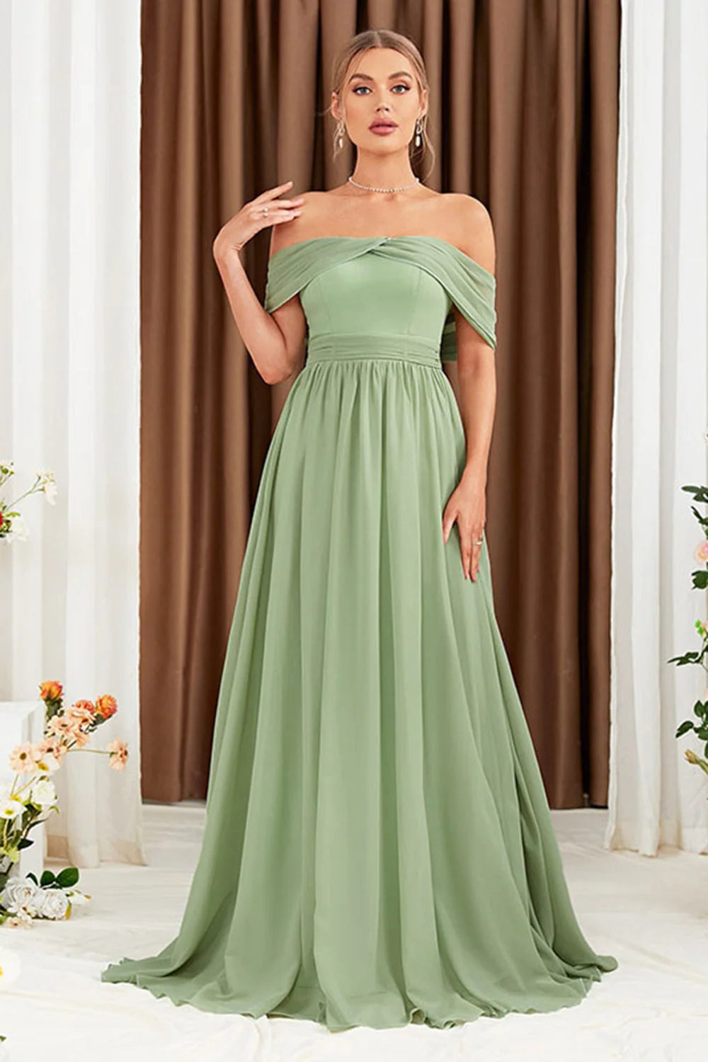 OKBBN A-line chiffon off shoulder backless evening gown