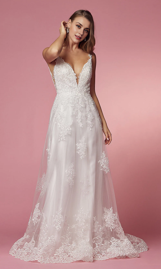 OKBBN lace applique V-neck long ball gown