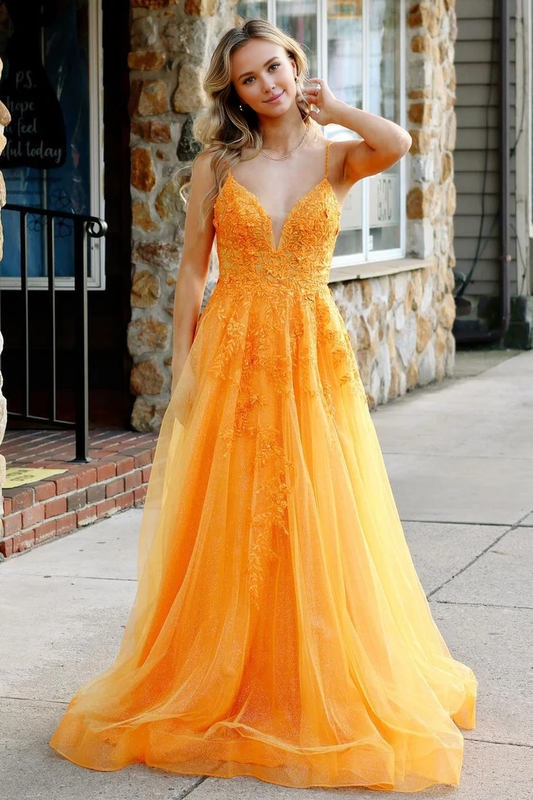 OKBBN Gorgeous A-line V-neck Tulle Decal Ball Dress