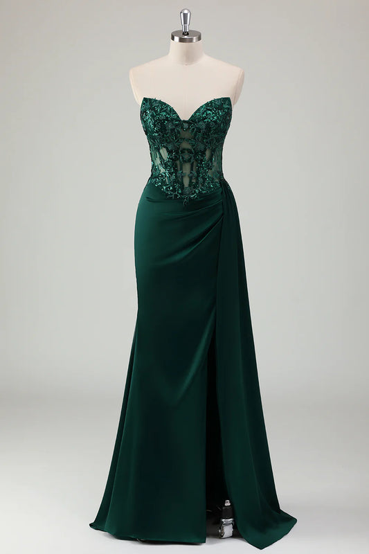 OKBBN mermaid off shoulder pleated tight corset long slit evening gown