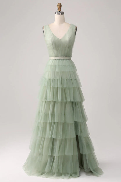 OKBBN pleated layered slit backless ball gown