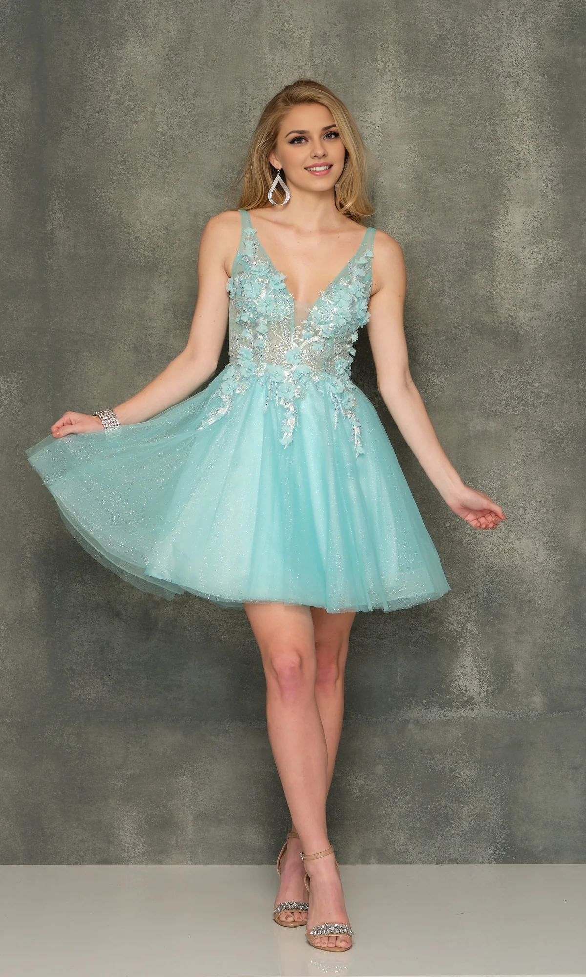 OKBBN see through tight corset deep V floral chiffon A-line Homecoming Dresses