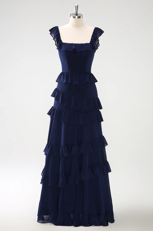 OKBBN A-line layered chiffon long bridesmaid dress