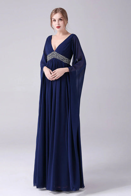 OKBBN A-line V-neck chiffon pleated long bridal mother gown
