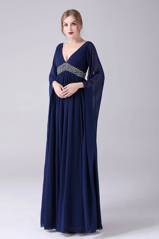 OKBBN A-line V-neck chiffon pleated long bridal mother gown