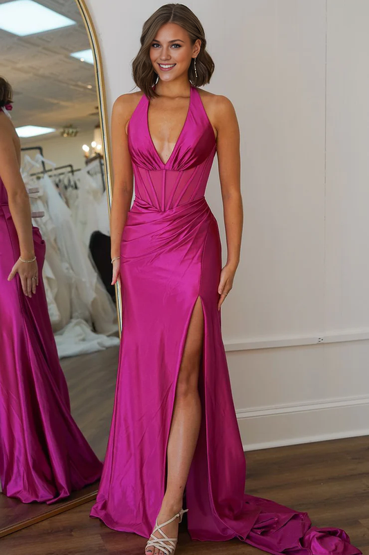 OKBBN Charming Mermaid V-neck Satin Long Split Ball Dress