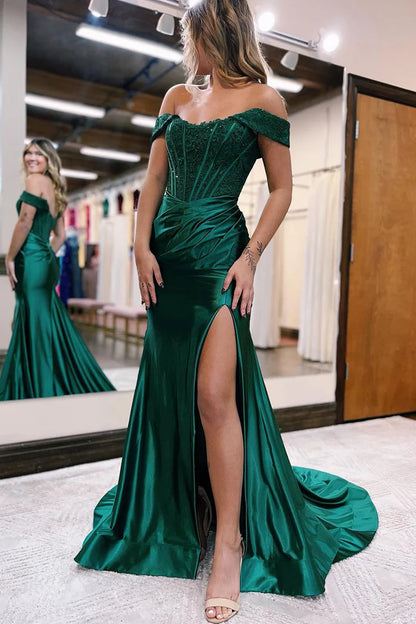 OKBBN Charming Mermaid Off Shoulder Satin Long Lace Ball Dress