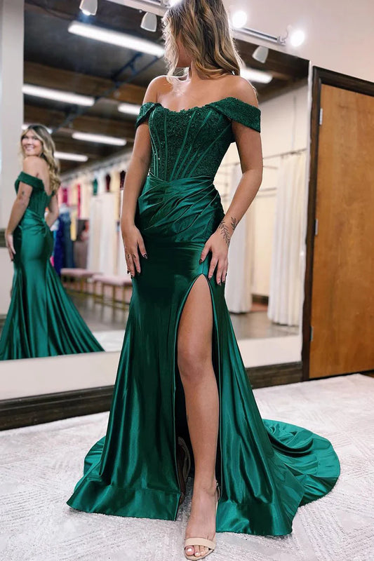 OKBBN Charming Mermaid Off Shoulder Satin Long Lace Ball Dress