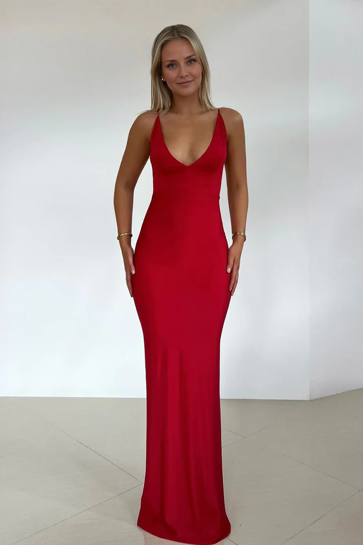 OKBBN Mermaid V-neck Elastic Satin Long Ball Dress