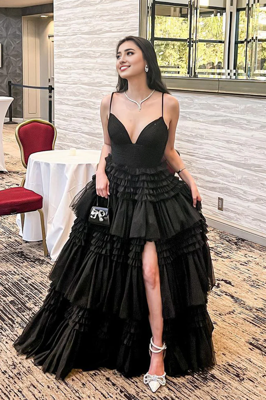OKBBN elegant V-neck chiffon long slit evening gown