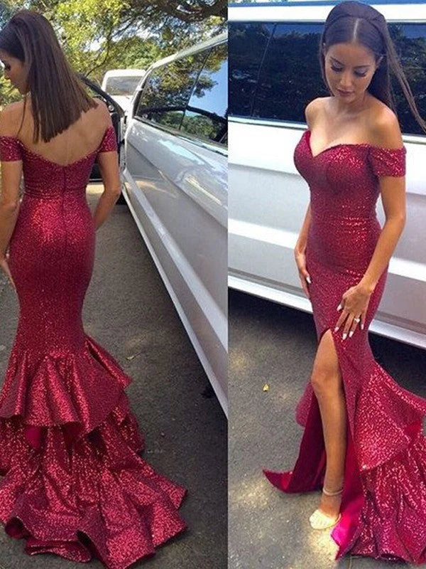 OKBBN Gorgeous Mermaid Off Shoulder Sleeveless Glitter Ball Dress