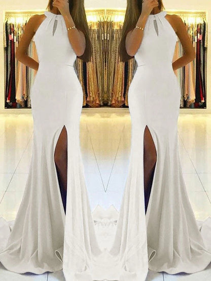 OKBBN tight backless sleeveless ruffled elastic crepe ball gown