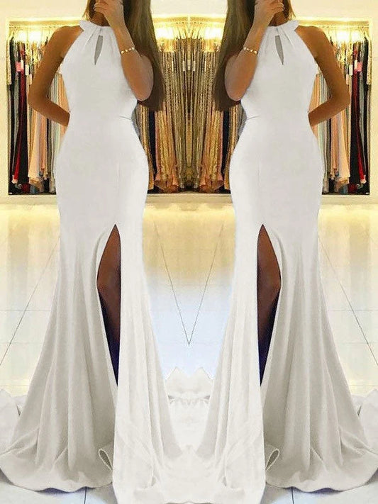 OKBBN tight backless sleeveless ruffled elastic crepe ball gown