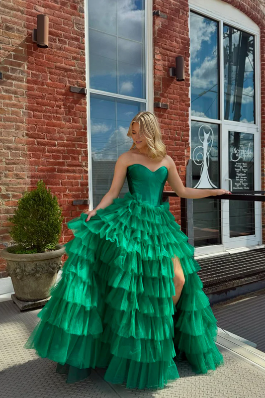 OKBBN Cute A-line Sweetheart Chiffon Layered Long Split Ball Dress