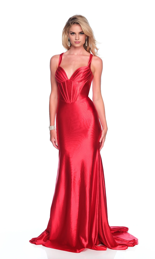 OKBBN satin V-neck slim shoulder strap tight corset ball dress