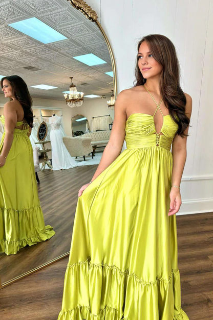 OKBBN Cute A-line Cross Strap Ruffle Satin Long Ball Dress