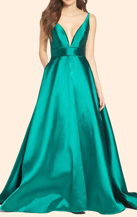 OKBBN Deep V-neck Satin Long Formal Ball Dress