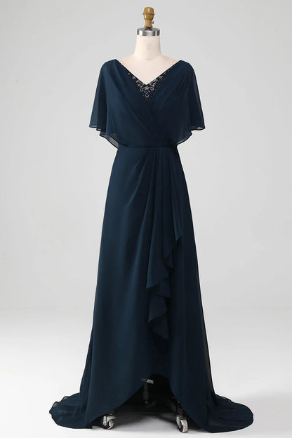 OKBBN A-line V-neck asymmetrical sequin bridal mother gown