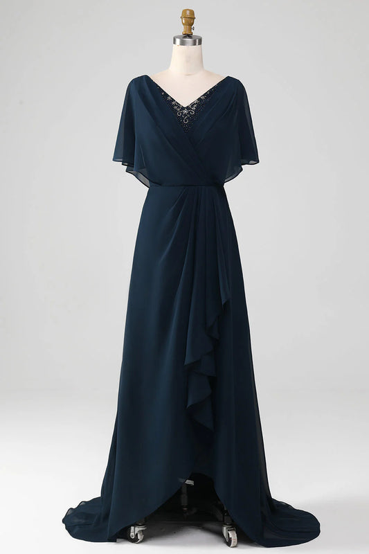 OKBBN A-line V-neck asymmetrical sequin bridal mother gown