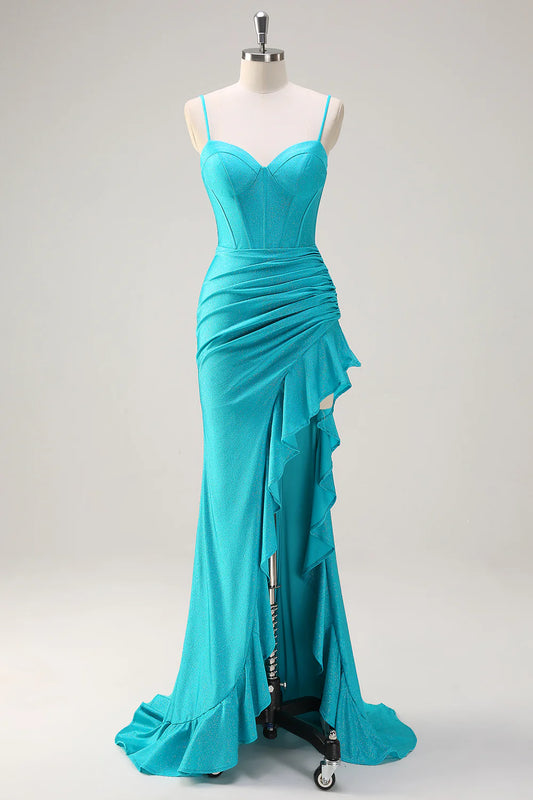 OKBBN mermaid slim shoulder strap pleated tight corset slit ball dress