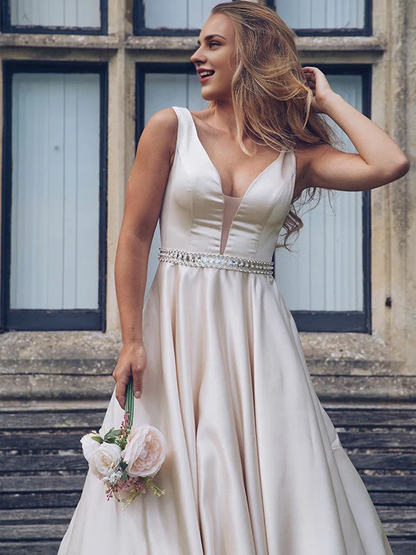 OKBBN A-line Elegant Satin Bead V-neck Sleeveless Ball Dress