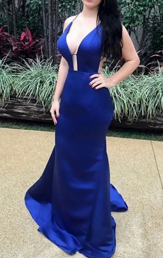 OKBBN sexy thin shoulder strap deep V-neck satin long ball dress