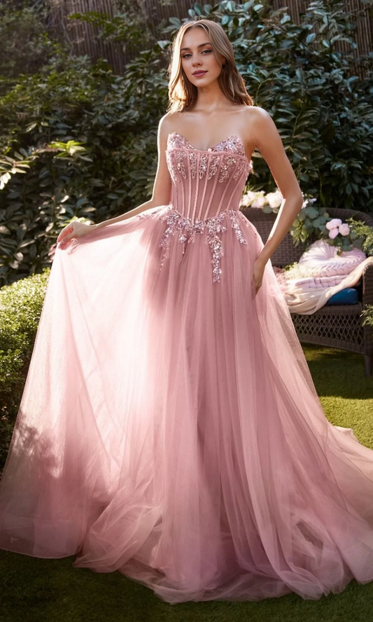 OKBBN strapless long applique backless ball gown