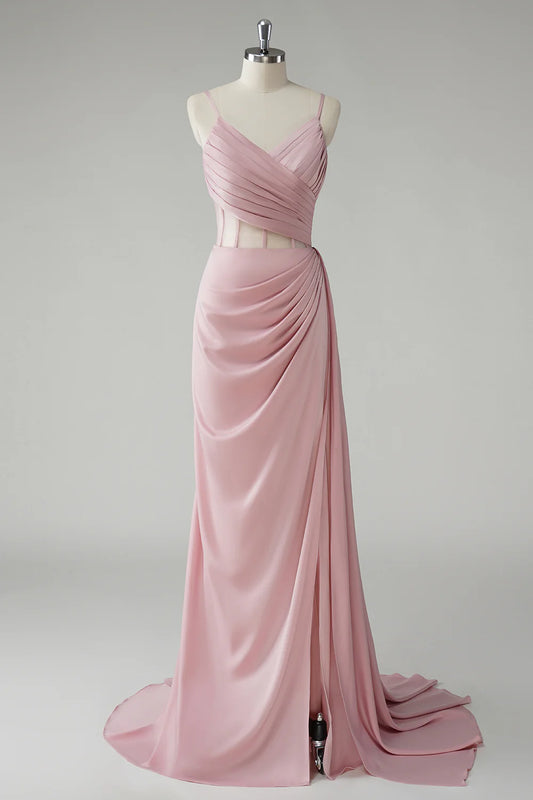 OKBBN mermaid slim shoulder straps, side straps, pleated tight corset, long evening gown