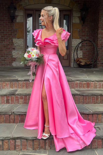 OKBBN A-line ruffled satin long ball gown