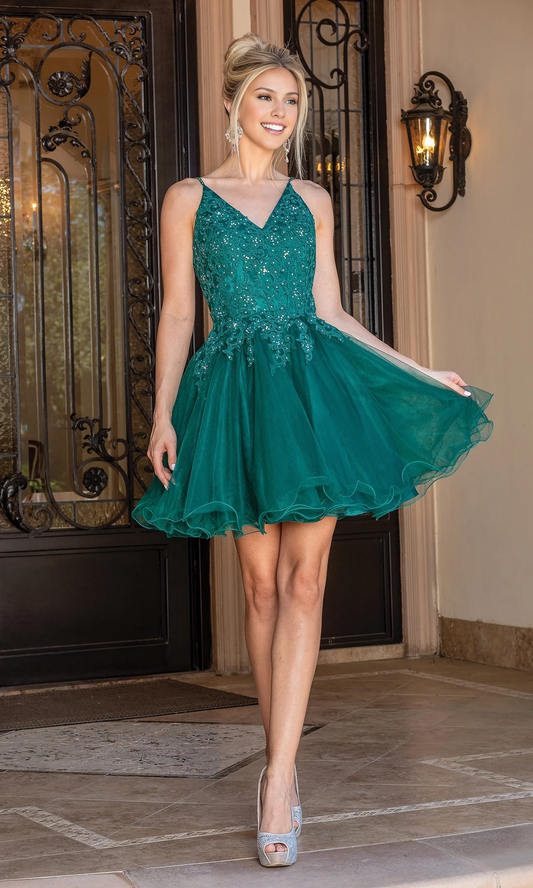 OKBBN short chiffon A-line skirt V-neck tight corset embroidered A-line hanging down to the hem Homecoming Dresses