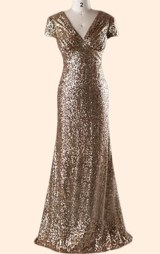 OKBBN V-neck sequined long formal ball gown with covered sleeves