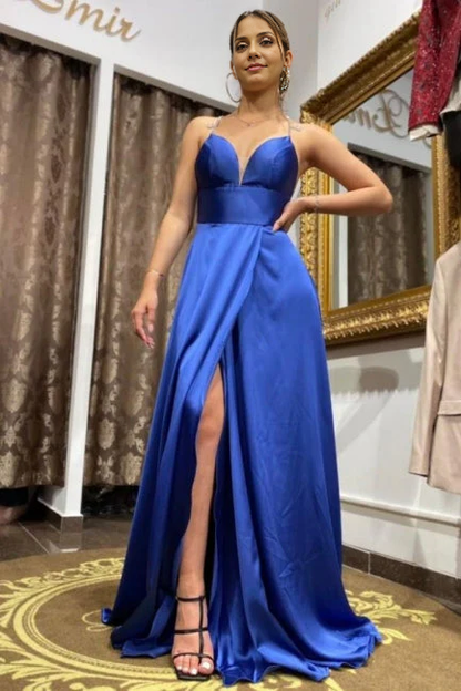 OKBBN Simple A-line Long Front Split Strap Ball Dress