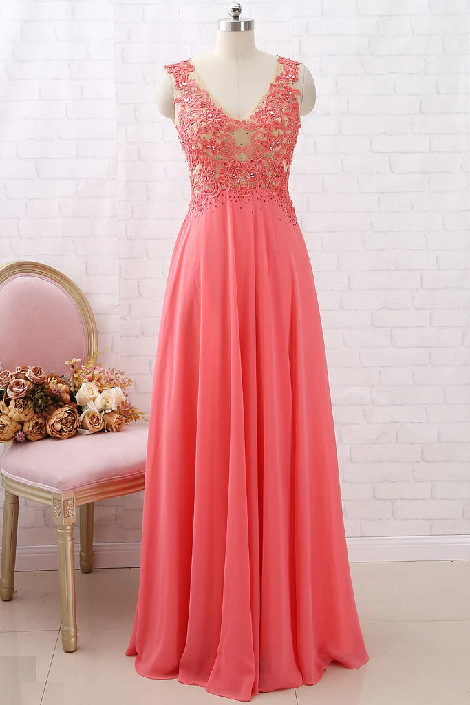 OKBBN V-neck Chiffon Lace Long Retro Formal Ball Dress