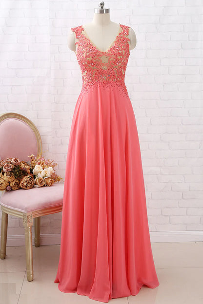 OKBBN V-neck Chiffon Lace Long Retro Formal Ball Dress