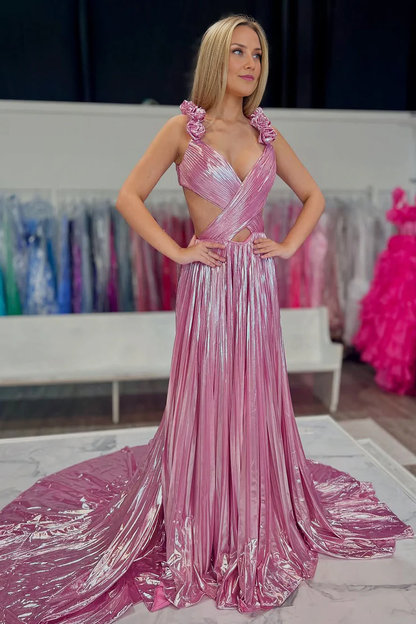 OKBBN A-line V-neck pleated satin long ball gown