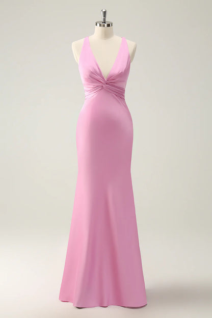 OKBBN Mermaid V-neck Satin Long Bridesmaid Dress