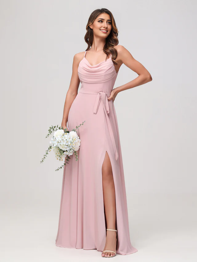 OKBBN sexy scarf collar pleated chiffon slit bridesmaid dress