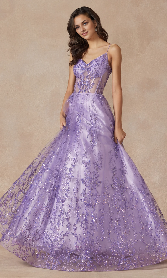 OKBBN's charming see through waist long sparkling print ball dress