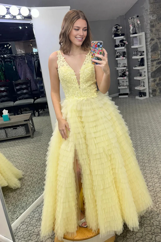 OKBBN Cute A-line V-neck chiffon slit long dance dress