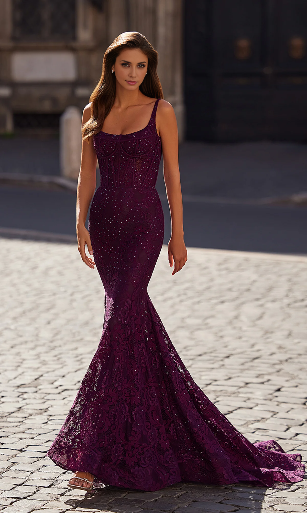 OKBBN Elegant Long Lace Fishtail Ball Dress