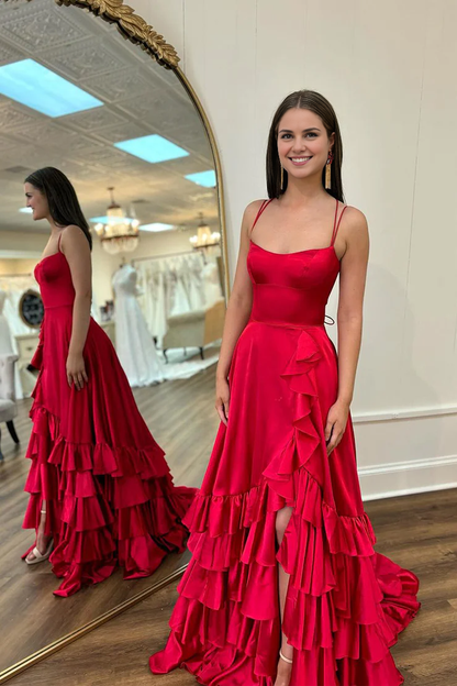 OKBBN A-line round neck ruffle satin long slit dance dress