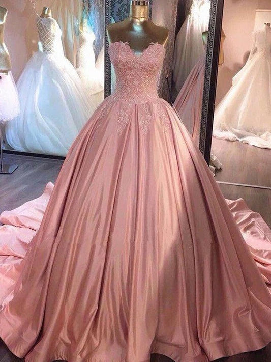 OKBBN Sleeveless Sweetheart Dress Lace Satin Ball Dress