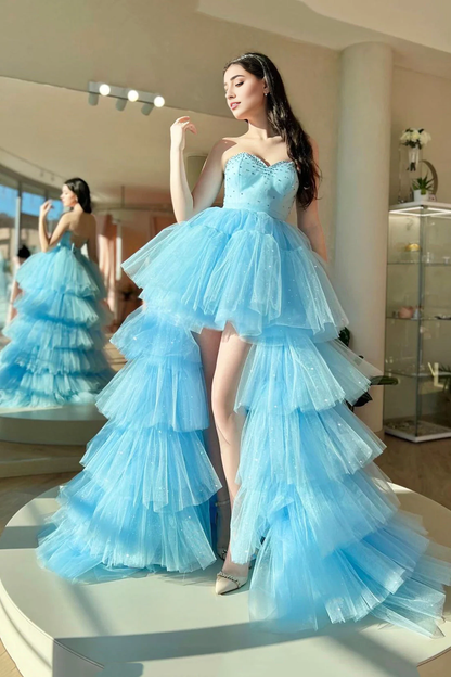 OKBBN Sweetheart Collar Chiffon Long and Beautiful A-line High and Low Ball Dress