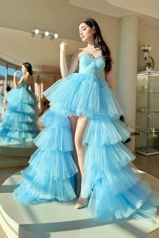 OKBBN Sweetheart Collar Chiffon Long and Beautiful A-line High and Low Ball Dress
