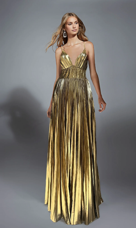 OKBBN long V-neck pleated A-line ball gown