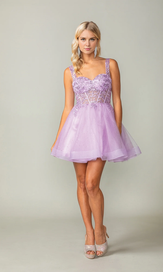 OKBBN A-line see through tight corset floral homecoming dress