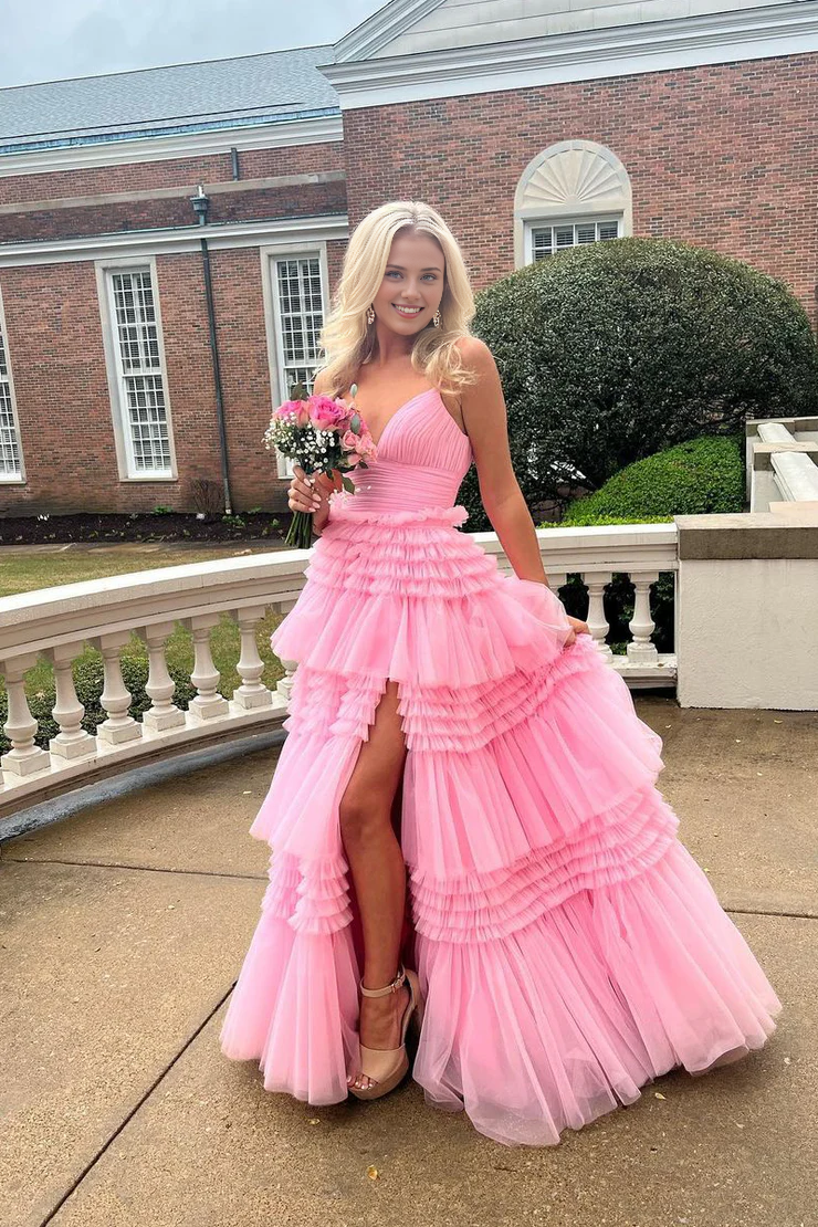 OKBBN V-neck chiffon slit ball gown