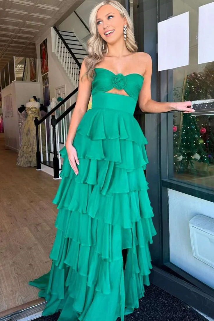 OKBBN A-shaped Sweetheart Chiffon Layered Long Ball Dress