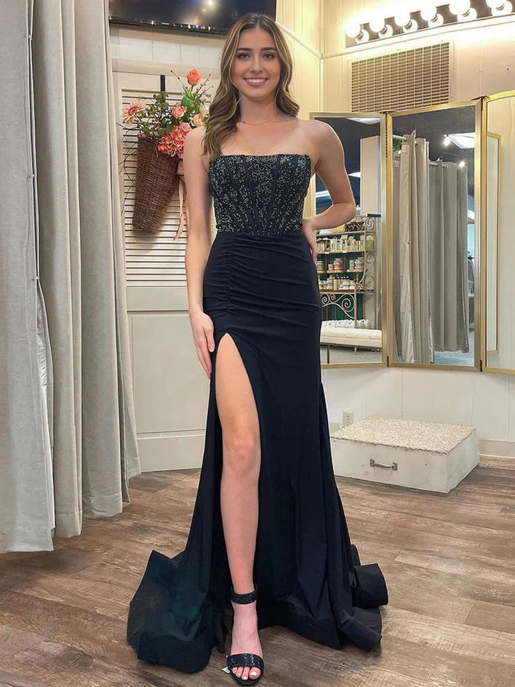OKBBN Cute Mermaid Off Shoulder Satin Split Long Ball Dress