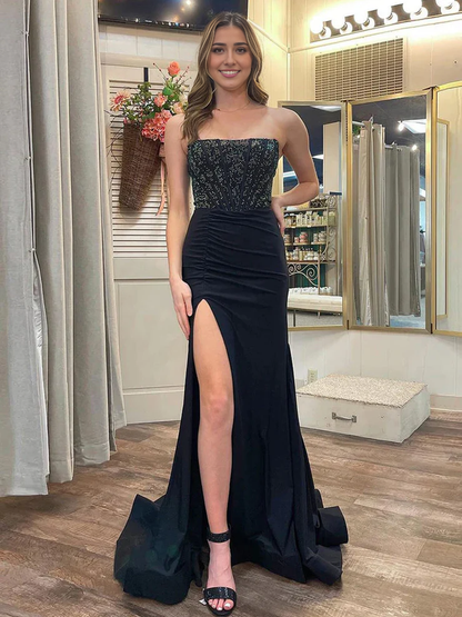 OKBBN Cute Mermaid Off Shoulder Satin Split Long Ball Dress